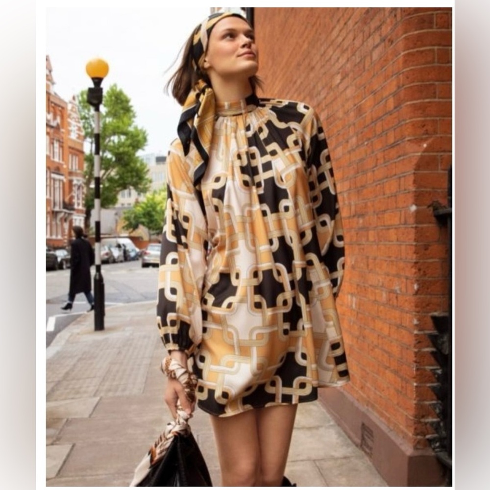 H&M Geometric Print Midi Dress - Black, Brown, Cream